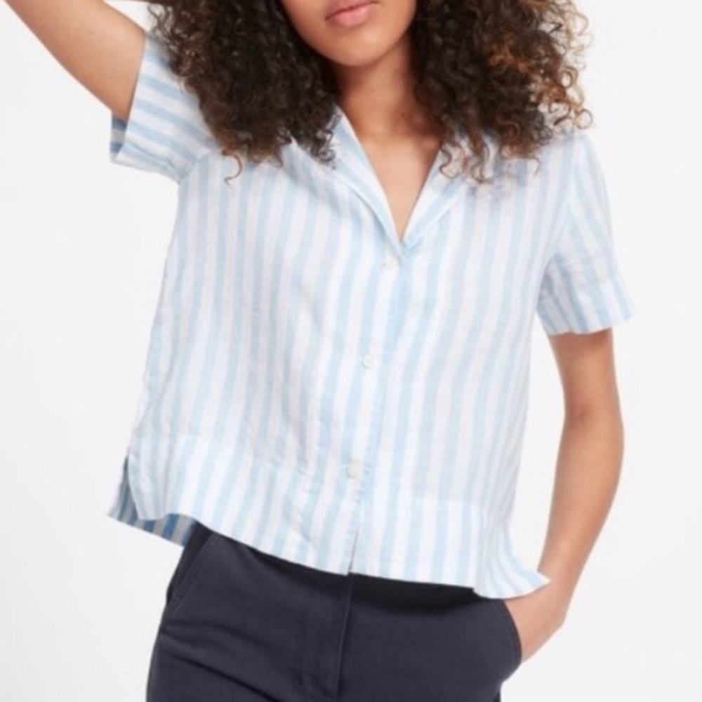Everlane Linen Notch Short Sleeve Striped